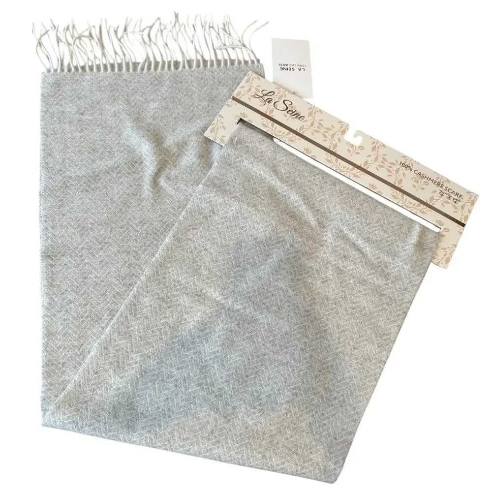 La Seine Fringed Cashmere Scarf Light Gray Herringbone Print